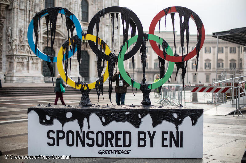 Greenpeace: Greenpeace Italy unveils Olympic rings leaking oil in Milan to call out fossil fuel sponsorship of Winter Games