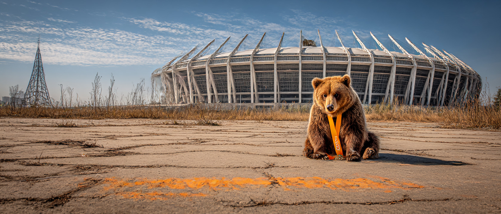 Berliner Bär sitzt vor verlassenem Olympia Stadion